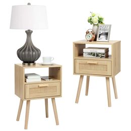 Finnhemy 2-piece Set, Bedside Table, Side Handmade Rattan Drawers, Wooden Decorative Table with Bedroom Storage Space, Natural Colour