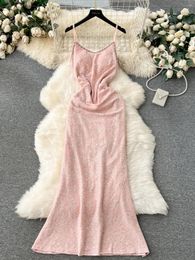 Casual Dresses French Chic Sequined Beading Long For Women Spaghetti Strap Backless Female Vestidos De Mujer Evening Dress Drop