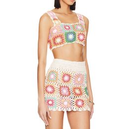 2023 Custom Crochet Mini 2 Piece Skirt Set Women Clothing Sexy Knit Patterned Sweater Summer Beach and Top