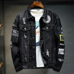 Men Brand Denim Jacket Streetwear Punk Motorcycle Ripped Print Cowboy Coats High Quality Casual Hole Loose Male Jeans Outwear 240309