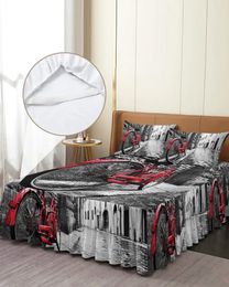 Bed Skirt Retro Vintage Red Bicycle On The Street In Old Town Fitted Bedspread With Pillowcases Mattress Cover Bedding Set