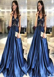 2020 Modest Navy Blue Prom Dresses African Capped Sleeves Satin Skirt Long Evening Dresses Party Gowns Appliques Beaded Vestidos2373993