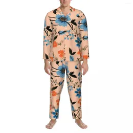 Men's Sleepwear Vintage Floral Pajamas Male Blue And Pink Romantic Daily Autumn Two Piece Oversized Custom Pajama Set