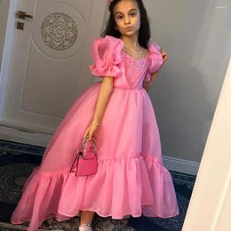 Girl Dresses Jill Wish Luxury Arabic Pink Dress Beaded Puff Sleeve Dubai Princess Birthday Wedding Party Prom Pageant Gown 2024 J362