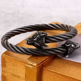 Punk Stainless Steel Matte Viking Wolf Dragon Charm Bangle Man Hip Hop Cable Wire Gold Animal Cuff Bracelet Men Jewellery 210713277O