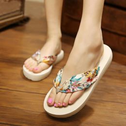 Flops Silk Flower Print Casual Women Slippers Beach Platform Shoes Woman Summer Cloth Plus Size 3542 Females Flip Flops