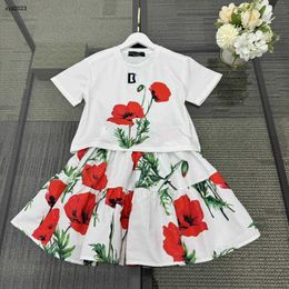 Fashion baby clothes kids tracksuits girls dress two-piece set Size 110-160 CM Red flower and green leaf patterns T-shirt and short skirt 24Mar