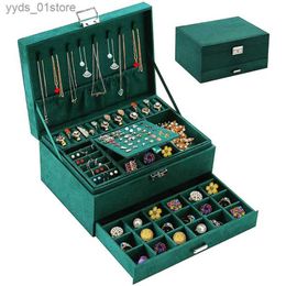 Jewellery Boxes Three Layer New Retro Flannel Jewellery Box With Mirror Earrings Ring Necklace Storage Case Dark Green Colour L240323