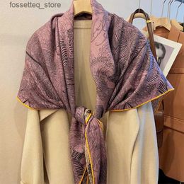 Handkerchiefs 135CM Silk Wool Scarf Women Luxury Forest Prined Double-side Silk Cashmere Shl Winter Warm Designer Scarf Handkerchief Square L240322