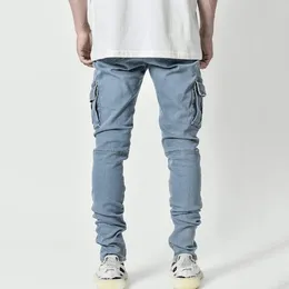 Men's Jeans Straight Leg Buckle Zipper Middle Waist Denim Long Pants Solid Colour Trendy Leisure Patchwork