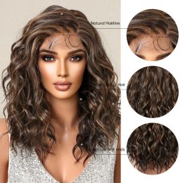 Synthetic Wigs Front Preplucked Curly Wave Brown Golden Highlight Shoulder Length Lace Wig For Black Women Heat Resistant 478 4