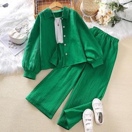 Clothing Sets Kids Girls Autumn Long Sleeve Clothes Green Tops Pants 2PCS Outfits For 8 10 11 12 Years Old Children
