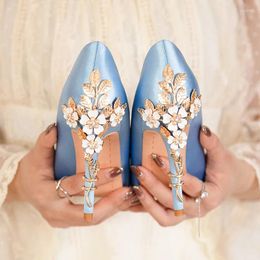 Dress Shoes Fashion Women Sexy Stiletto High Heels Elegant Wedding Shoe Bride Metal Flowers Pumps Luxury Ladies Party Designer Satin