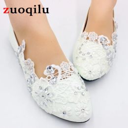 Flats wedding shoes bride Flat Ballet Queen Shoes White Lace Crystal Wedding Casual Shoes Flat Heel For Women Princess Wedding size 42