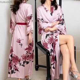 home clothing New womens long satin kimono bathroom dress printed floral pajamas spring/summer loose fitting home dress casual wearL2403