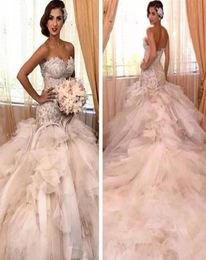 2020 Luxury Diamonds Mermaid Wedding Dresses robe de mariage Pearls Lace Corset Top Tiered Ruffls Tulle Arabic Bridal Gowns Cathed9923538