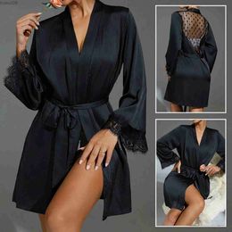 home clothing Womens Chiffon Black Lace Satin Bathroom Dress Hollow Night Glow Town Leisure Flash Sleeves Pyjamas Home Dresses UnderwearL2403