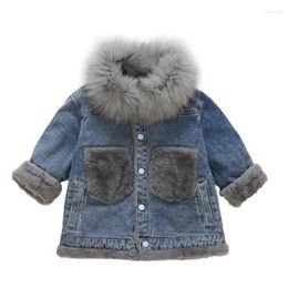 Down Coat Patchwork Pockets Velvet Thick Denim Jacket For Teenage Girls Winter Warm Big Fur Hooded Jeans Children Bomber Jackets