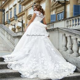 Romantische, skurrile Landhochzeitskleider, U-Ausschnitt, A-Linie, Rüschen, Garten-Brautkleider, 3D-Blumen, Spitze, Kirche, Brautkleid 2024, Prinzessin, Königin, Vestido De Novia, Prinzessin