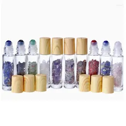 Storage Bottles Essential Oil Diffuser 10ml Glass Roll On Perfume Natural Crystal Quartz Roller Ball Wood Grain Cap LX2656