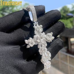 Iced Out Bling Flower Cross Necklace For Women Men Silver Colour Prong Setting Cubic Zirconia Rose Charm Hip Hop Jewellery 240313