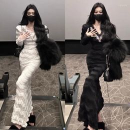 Casual Dresses Miiiix Korean Fashion Mink Velvet Patchwork Rhinestone Dress For Women's Autumn And Winter Lace Slimming