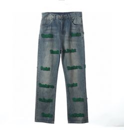 2024 Damenbekleidung Grüne Zahnbürste Stickerei Druck gerade Länge Denim-Hosen Designer durch Hosen mit weitem Bein zeigen dünne Frauen lässig Hose mit geradem Bein