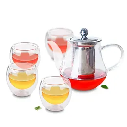 Teaware Sets Coffee Teapot Stainless Steel Philtre & 4PC Double Wall Glass Tea Cups