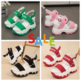 red hearts slope heel thick sole round toe open toe letter one line buckle strap women's oversized GAI PINK women heart design height increase white