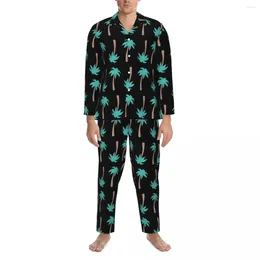 Men's Sleepwear Palm Trees Pyjama Sets Spring Plant Print Trendy Bedroom Female 2 Pieces Casual Oversized Custom Nightwear Gift Idea