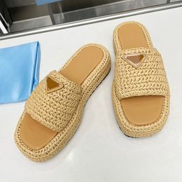 Designer Slipper Black Sandals Crochet Strap Slide Leather Wedges Sandal Knit Straw Platform Mule Women Summer Beach Mens Sliders Pool Flat Comfort shoes