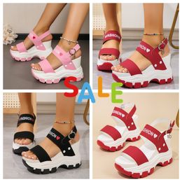 fashion slope heel thick sole round toe open toe letter one line buckle strap women's oversized sandals GAI PINK women heart design fashion Muffin increasing hign 35-43