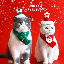 Cat Christmas Clothes Scarf Hat Set Knitted Scarfs Dog Clothes Cartoon Elk Snowman Plush Hat Pet Christmas Dressing Supplies 240309