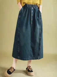 Skirts Johnature 2024 Spring Women Denim Cotton Elastic Waist Patchwork Button Pockets Solid Color Casual A-Line