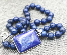 Pendants Beautiful 8MM blue Lapis Lazuli Beads & Cube Pendant Necklace 18 "