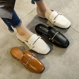 Slippers Metal Buckle Leather Women Square Toe Mules Med Thick Heels Flip Flops Ladies Shoes Comfortable Outside Slides Woman