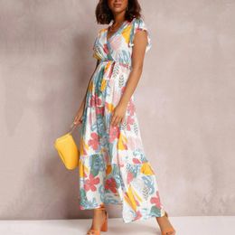 Casual Dresses Female Dress 2024 Women Summer V Neck Short Sleeve Long Floral Beach Boho Style Sundress Women'S Clothing