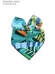 Handkerchiefs Fresh blue-green real silk scarves womens scarf spring autumn printed natural silk hijab twill silk small square handkerchief L240322