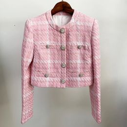 HIGH STREET est 2024 Designer Short Coat Womens Sweet Diamonds Buttons Wool Blends Woven Colours Plaid Tweed Short Jacket 240311