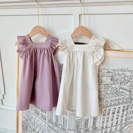 Girl Dresses Korean Children Ruffle Edge Shirt Skirt Summer White T-shirt Girl's Pure Cotton Flying Sleeve Dress Short Clothes