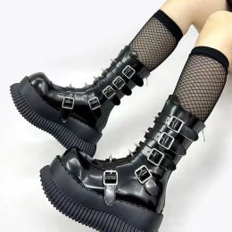 Boots Brand New Gothic Rivet Women Ankle Boots Punk Chunky Platform Motorcycle Boots Street Cool Fashion MidCalf Boots Women Shoes