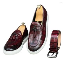 Casual Shoes Men's Vulcanize Handmade Fashion Slip-On Wine Red Stone Grain For Men With