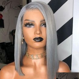 Lace Wigs Grey Pixie Cut Short Blunt Bob Wig Front Human Hair For Women Transparent 613 Frontal 13X6 Hd 150% Drop Delivery Products Dhowz 309 Al Wigs al