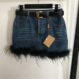 Feather Splicing Womens Denim Skirts With Belt High Grade Short Dress Cool Girl Mini Skirt Streetwear