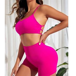 Seamless Backless Yoga Suit 2PC Set Women Sexy Fuchsia Gym Leggings Bra Set High Waist Workout Clothes Hip Raise Pants 240306