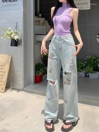 Women's Jeans Spring Summer Flower Embroidery Blue Hole Denim Pants For Women Leisure High Waist Straight Wide Leg Trousers Female