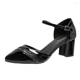 Dress Shoes 2024 Summer Women Sandals Patent Leather Pumps High Heels Bling Pointed Toe Ankle Strap Sandalias Mujer