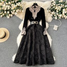 Casual Dresses Elegant Sexy Lace Patchwork Jacquard Weave Long Sleeve Velvet Dress Vintage Slim Autumn Winter Ceremonial A-line