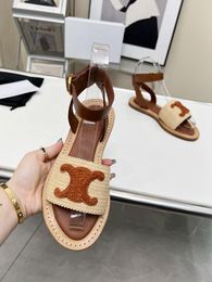 Tasarımcı Sandallar Lüks Düz Alt Kayar Sandalet Moda Açık Toe Roman Sandalet Ayak Bileği Dantel Tokası Yaz Açık Plaj Ayakkabıları Baskı 35-41