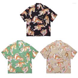 Men's Casual Shirts WACKO MARIA Hawaii Beach Men Woman Fire Ring Tiger Totem Loose Quick Drying Lapel Tops Tee